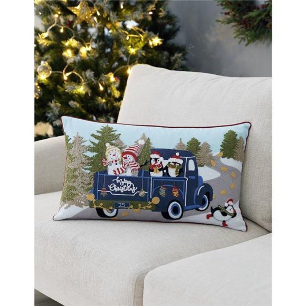 ID HOME FASHIONS Merry Christmas Snowman Truck Decorative Pillow, 14" x 24"